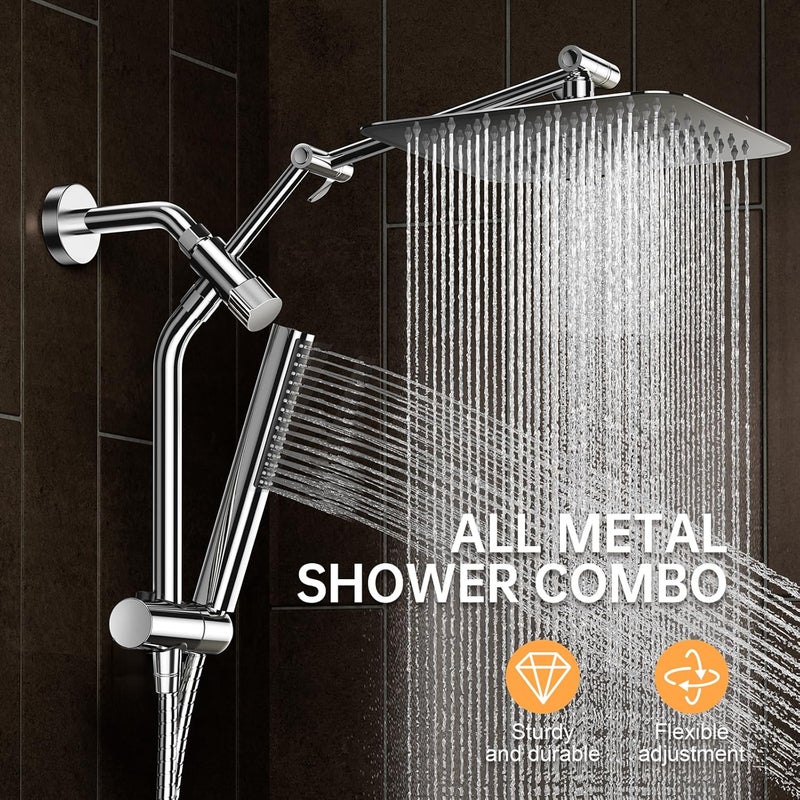 Veken All Metal 10" Shower Head with Handheld, Luxurious Square Double Rain Shower Heads with Spray Combo, Dual High Pressure Detachable Rainfall Showerhead with Extension Arm, Long Hose,Chrome,Sliver - Image 2